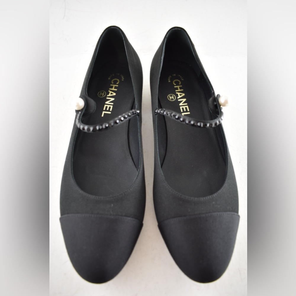 Chanel 24B Black Silk Crystal CC Logo Mary Jane Strap Ballerina Ballet Flat 38.5 - Picture 7 of 15